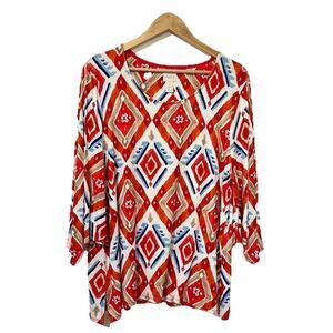 Chico’s Jersey‎ Split Sleeve Ikat Jersey Tunic Top Size L Red Geometric Stretchy